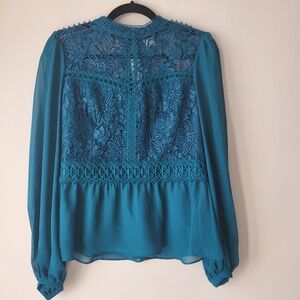 Ever New Teal Lace And Chiffon Long Sleeve Peplum Feminine Blouse